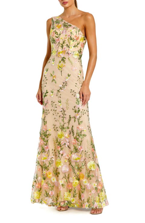 Women's One Shoulder Lace Embroidered Gown