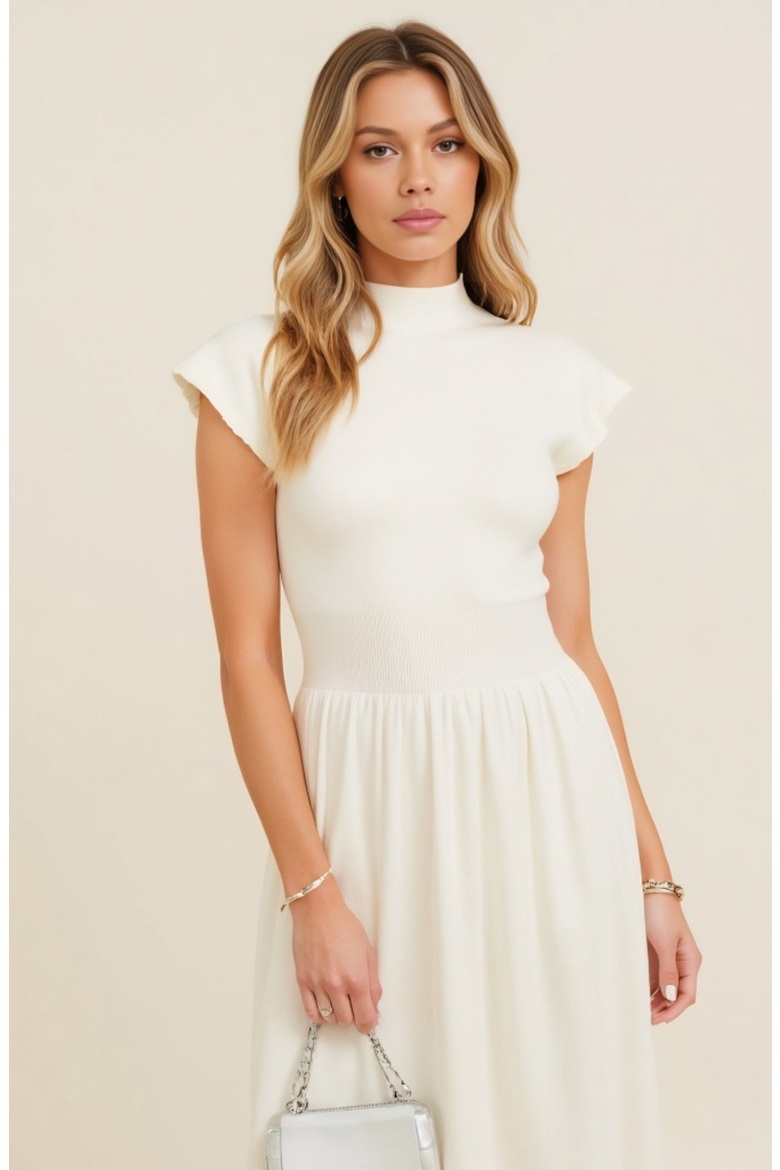 Mock Neck Cap Sleeve Knit Midi Dress with Elastic Waist Detail, Alternate, color, White