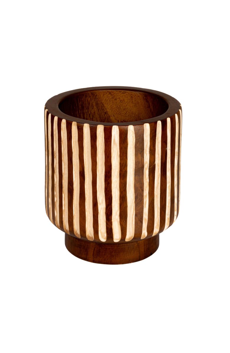 Storied Home Hand-Carved Wood Planter with Stripes, Walnut Finish, Main, color, Brown