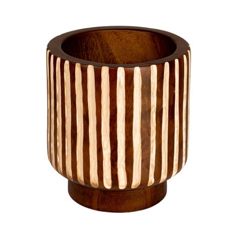 Hand-Carved Wood Planter with Stripes, Walnut Finish