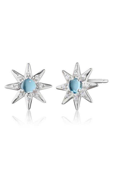 Sun, Moon & Stars Blue Topaz & White Sapphire Star Stud Earrings
