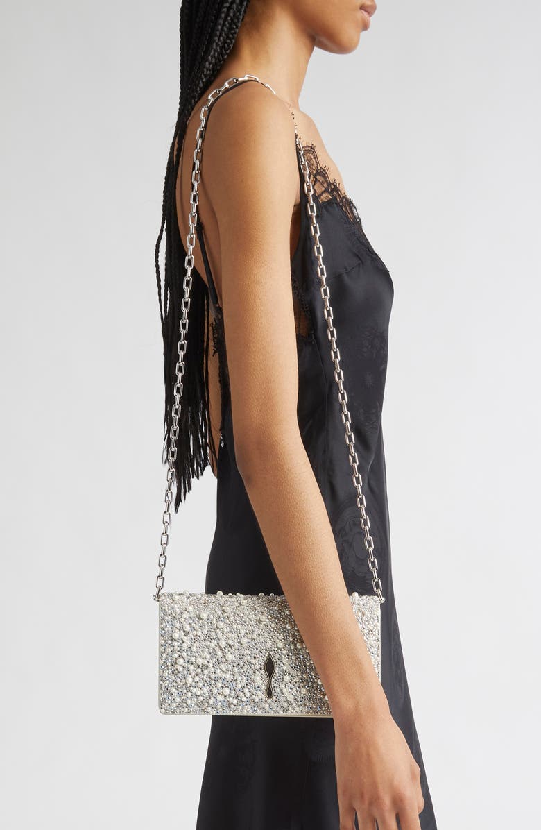 Christian Louboutin Bettina Crystal & Faux Pearl Embellished Suede Clutch, Alternate, color, Silver