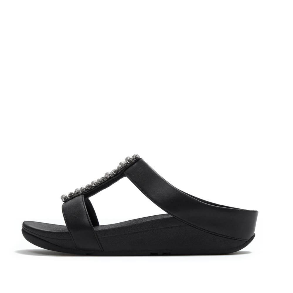 FitFlop Fino Pearls and Crystal H Bar Slides, Alternate, color, Black