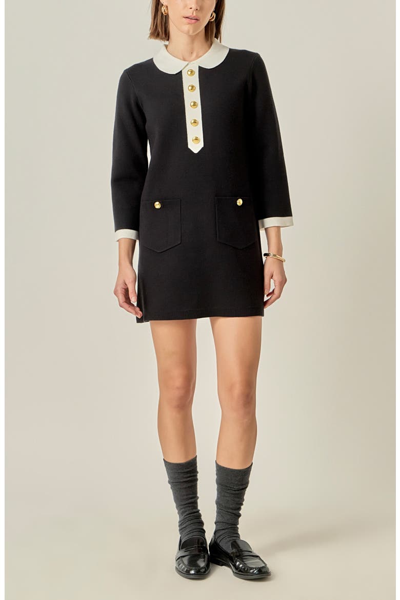 Collar Detail Knit Minidress, Alternate, color, BLACK/ OFF WHITE