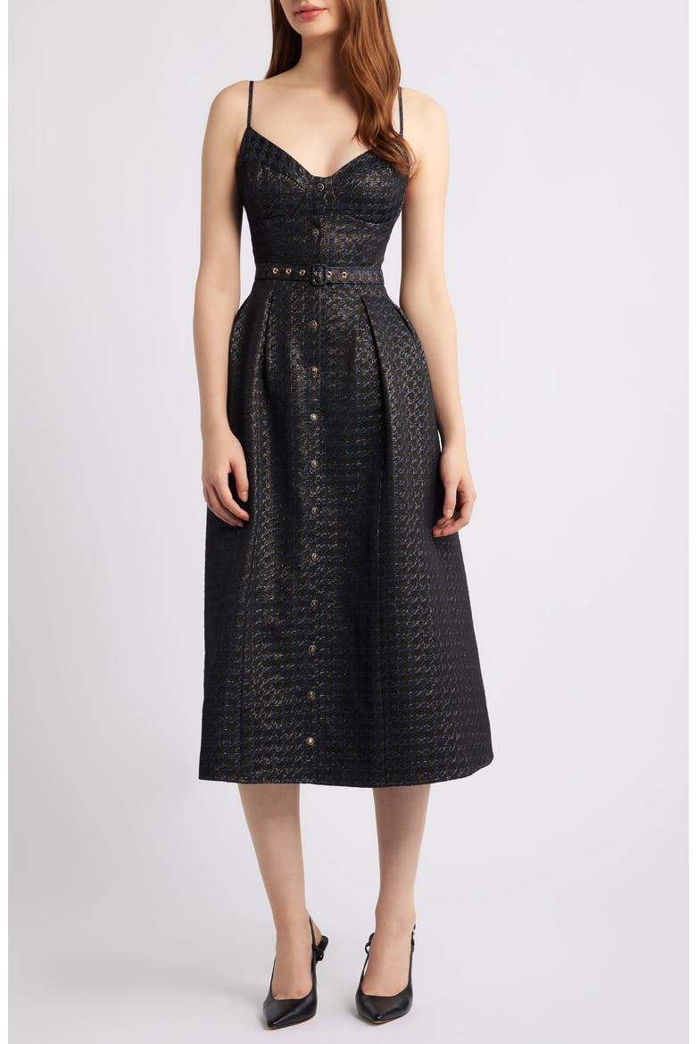Metallic Pleated Belted Fit & Flare Midi Dress, Main, color, NAVY/ GOLD