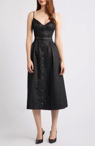 FREEMARKET Metallic Pleated Belted Fit & Flare Midi Dress