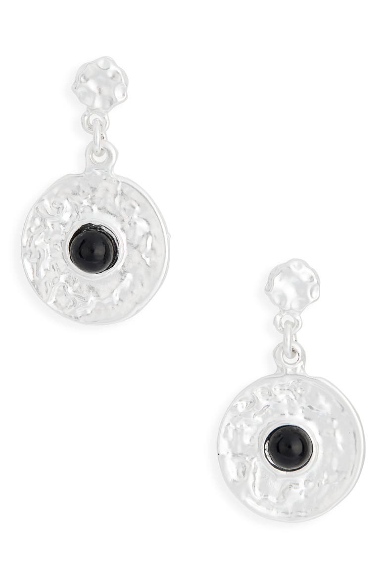 Black Faux Pearl Disc Drop Earrings, Main, color, SILVER