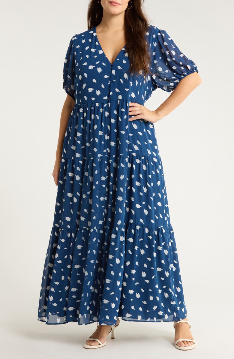 SUGARLIPS Elodie Dot Print Maxi Dress, Main, color, Navy-Cream