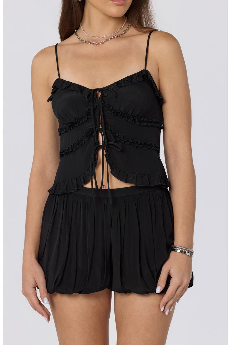 Kailey Tie Front Ruffle Trim Top, Alternate, color, BLACK