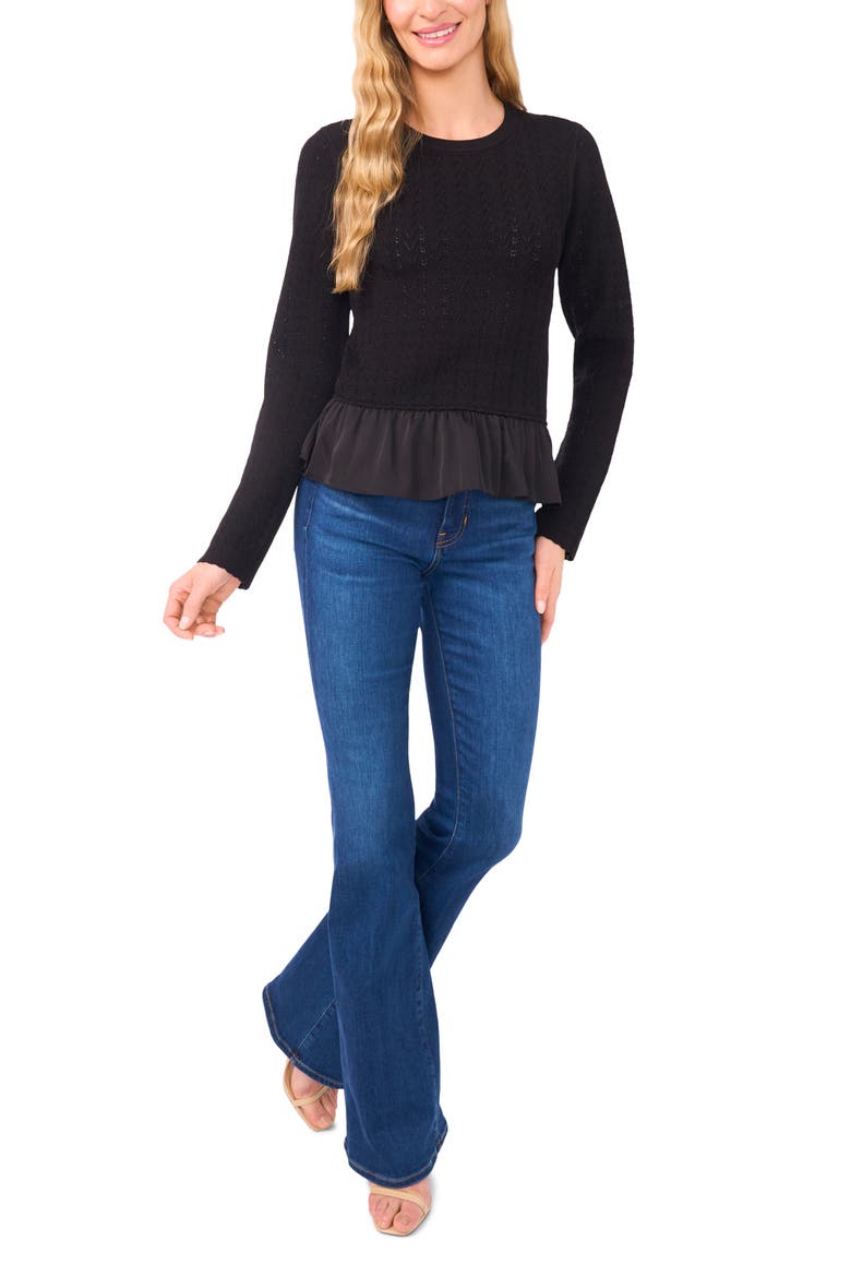 Irene Pointelle Crewneck Peplum Sweater, Alternate, color, RICH BLACK
