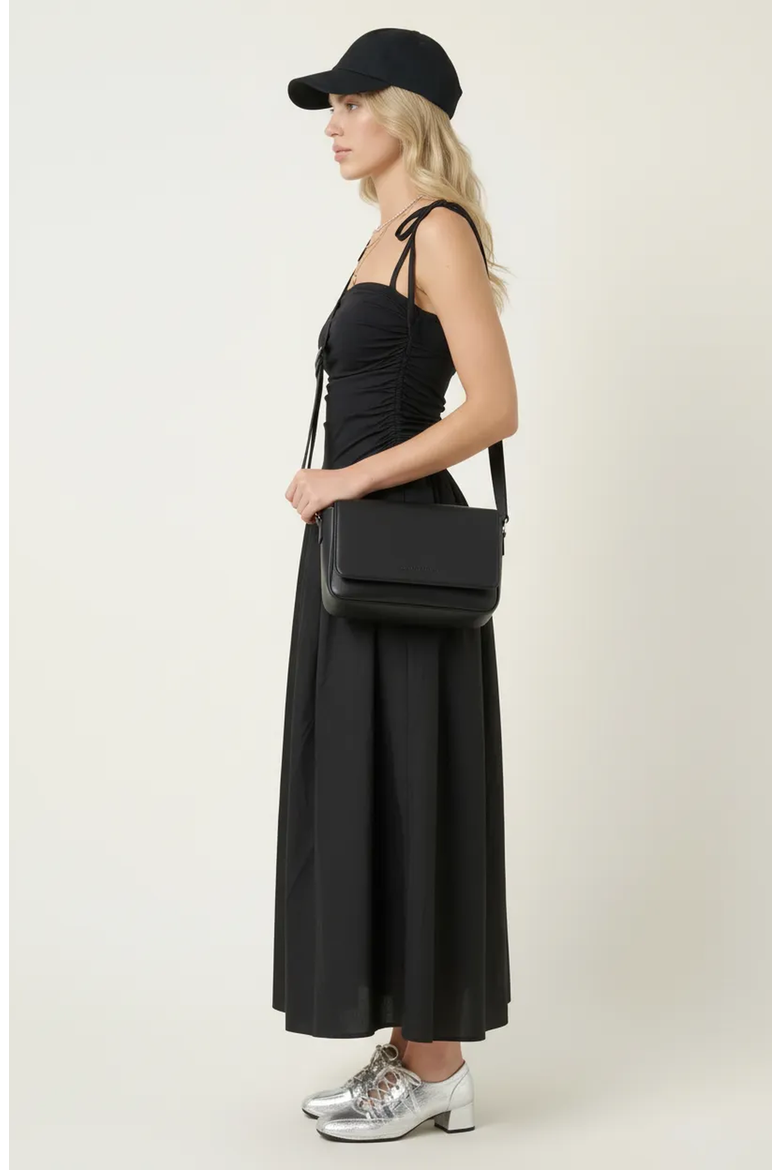Ruched Bodice Tie Strap Gathered Skirt Midi Dress, Alternate, color, Black