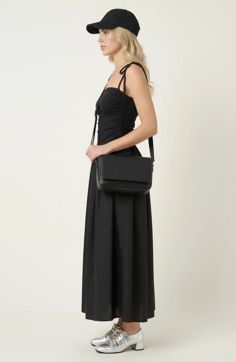 Modenaire Ruched Bodice Tie Strap Gathered Skirt Midi Dress, Alternate, color, Black