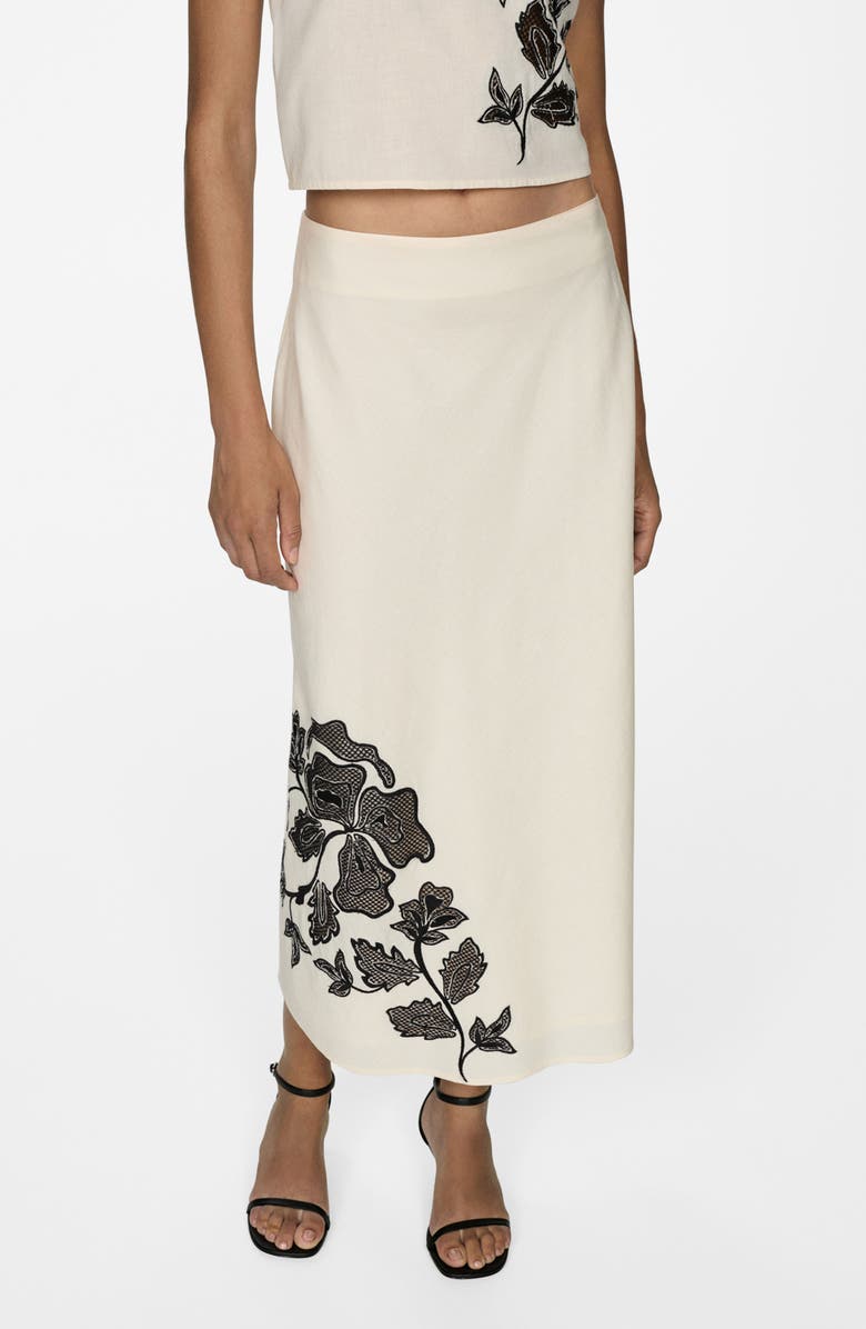 MANGO Floral Embroidered Cotton & Linen Midi Skirt, Main, color, 