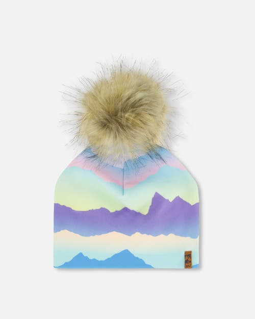Deux Par Deux Girl's Printed Jersey Detachable Pompom Hat Mauve And Blue, Pink Mountain In Multi