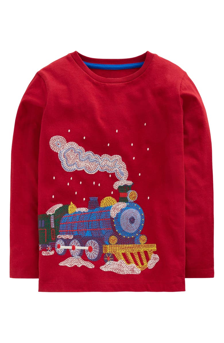 Mini Boden Kids' Superstitch Long Sleeve Cotton T-Shirt, Main, color, Chili Pepper Polar Express