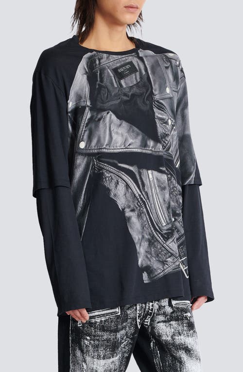 Shop Balmain Layered Leather Trompe L'oeil Long Sleeve Graphic T-shirt In 0pa Black