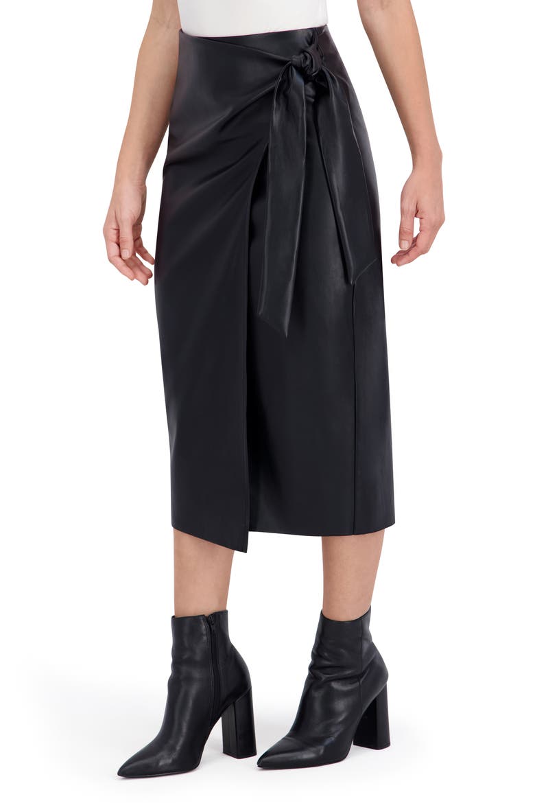 Supersoft Side Tie Faux Leather Midi Skirt, Alternate, color, BLACK