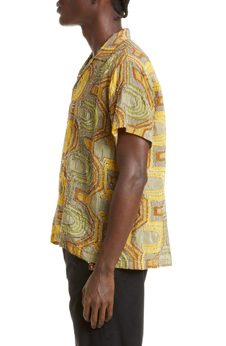 Bode Disco Tinsel Short Sleeve Button-Up Camp Shirt, Alternate, color, 