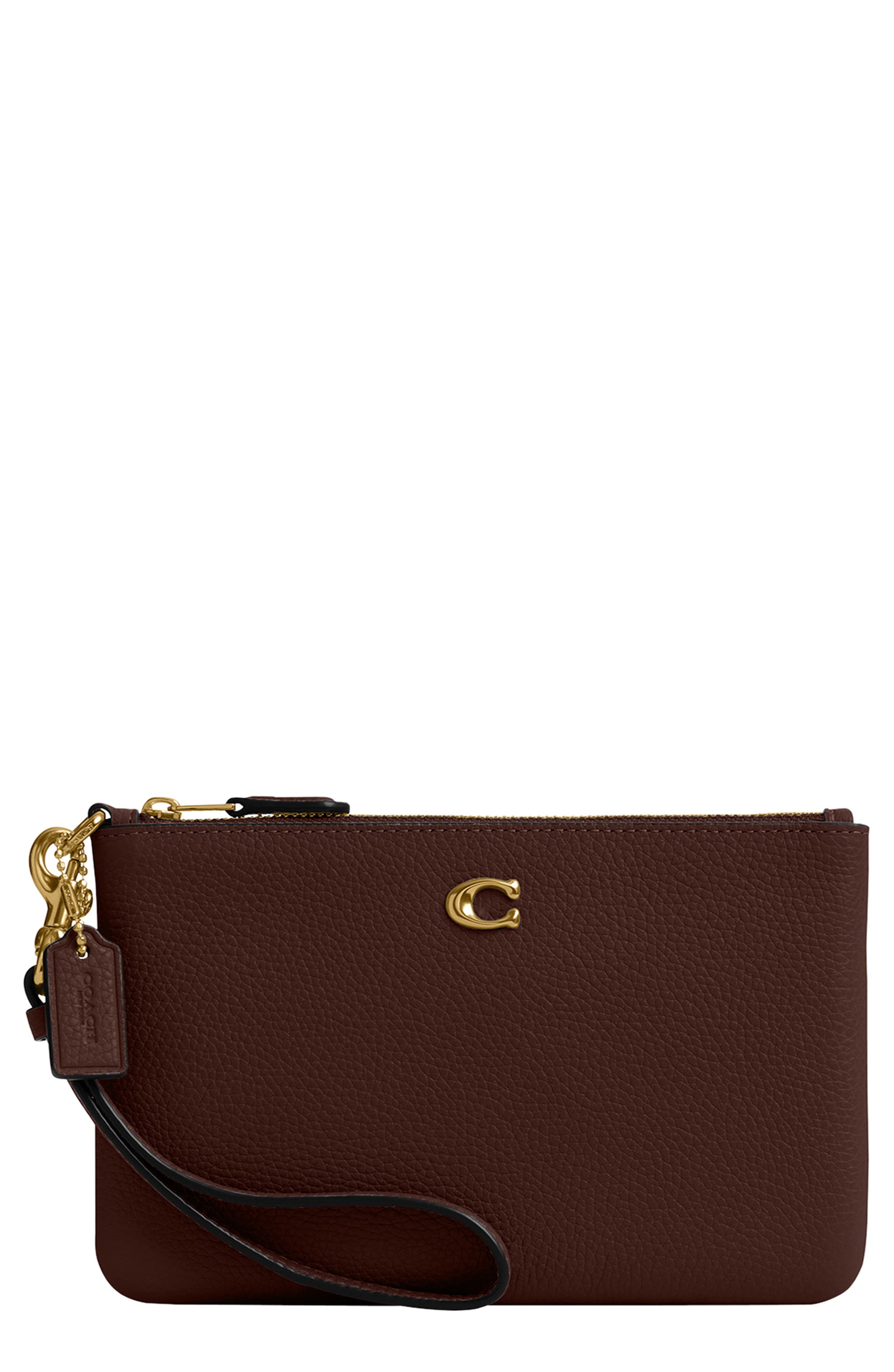 Small Polished Pebbled Leather Wristlet, Main, color, B4/MAPLE