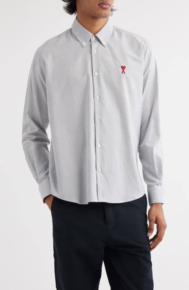 AMI PARIS Ami de Coeur Stripe Cotton Oxford Button-Down Shirt, Main, color, Black/Natural White/039