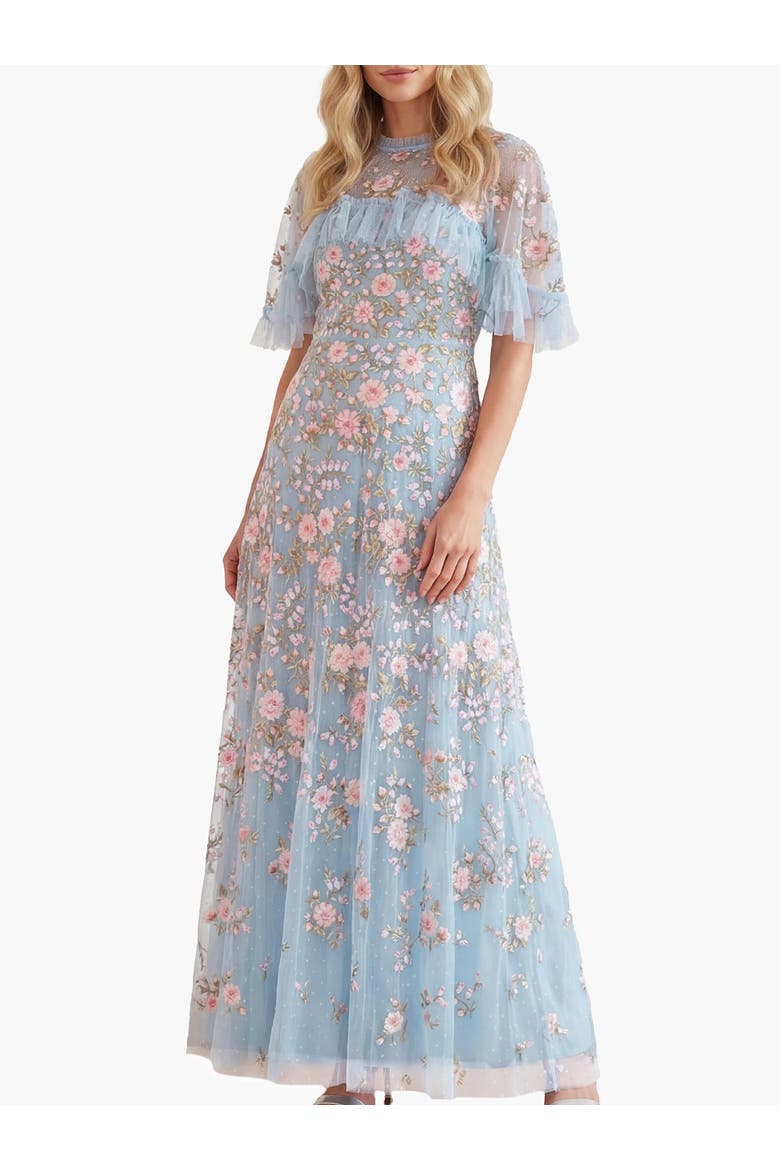 Eden Rose Cape Ankle Gown, Main, color, Aqua/Multi