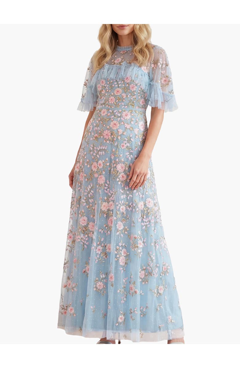 Needle & Thread Eden Rose Cape Ankle Gown, Main, color, Aqua/Multi