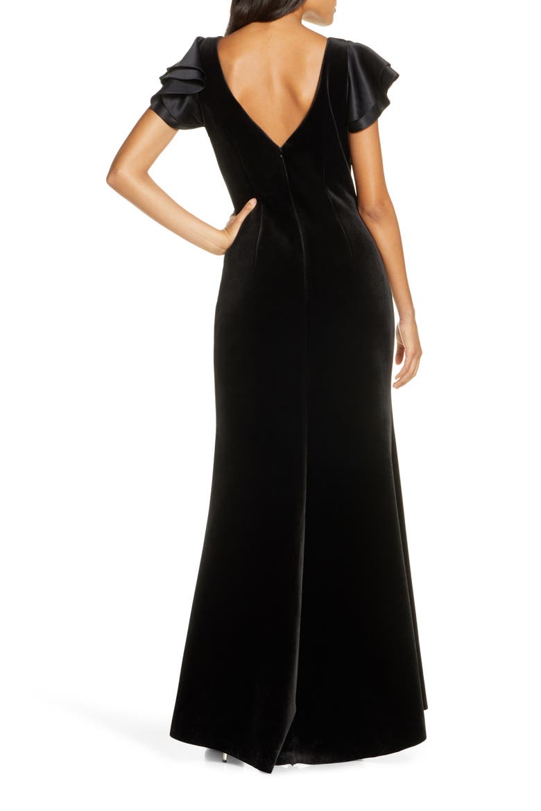 Satin Sleeve Velvet Trumpet Gown, Alternate, color, BLACK