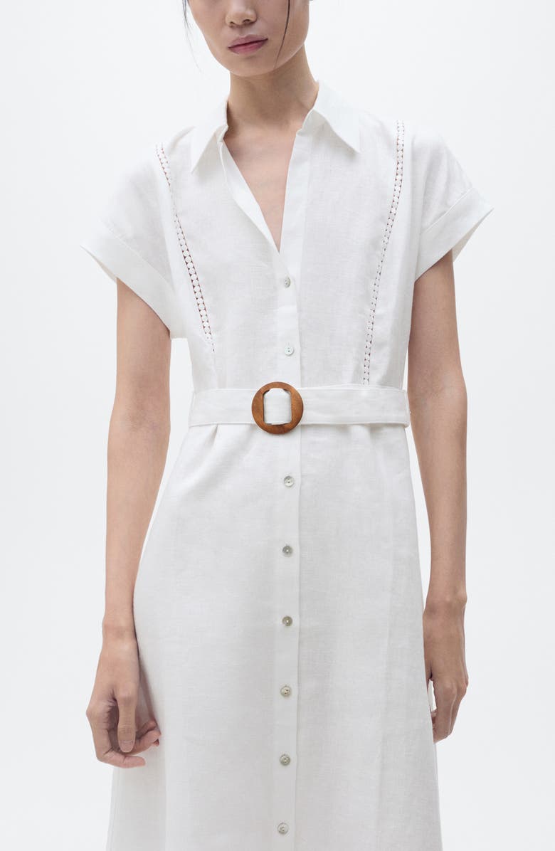 MANGO Belted Linen Shirtdress, Alternate, color, White