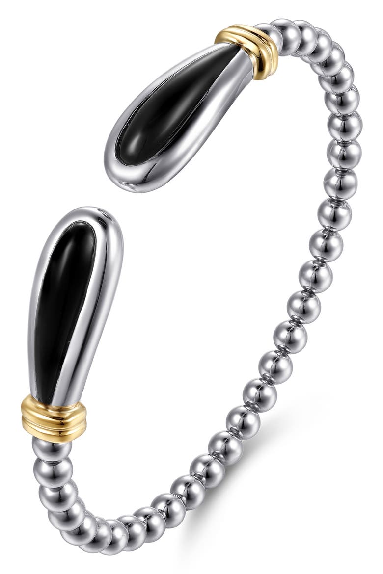 Bujukan Black Onyx & 14K Gold Beaded Sterling Silver Bangle Bracelet, Alternate, color, SILVER/ 14K YELLOW GOLD