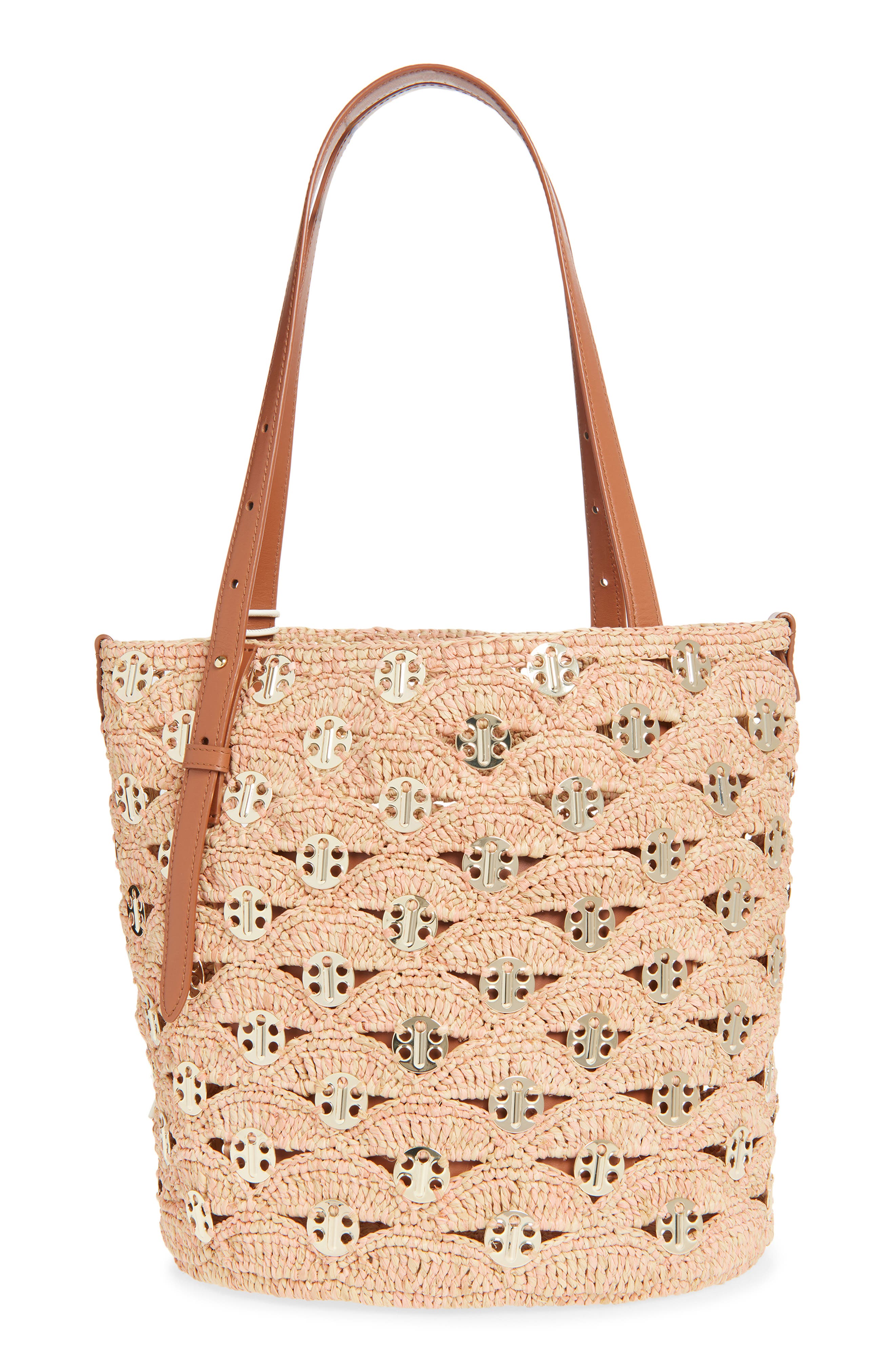 Rabanne Raffia Disc North South Bucket Bag, Alternate, color, Peach/ Gold