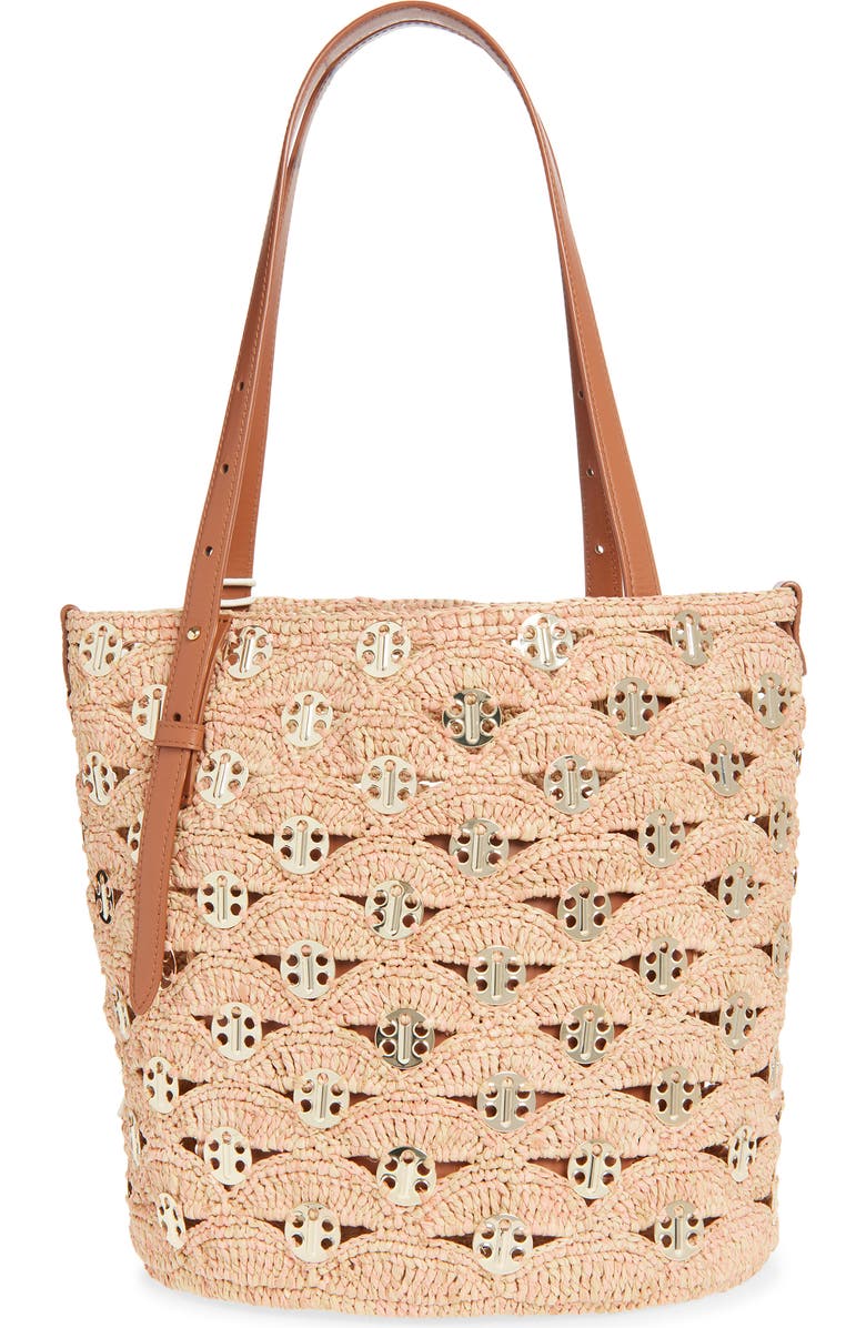 Rabanne Raffia Disc North South Bucket Bag, Alternate, color, Peach/ Gold