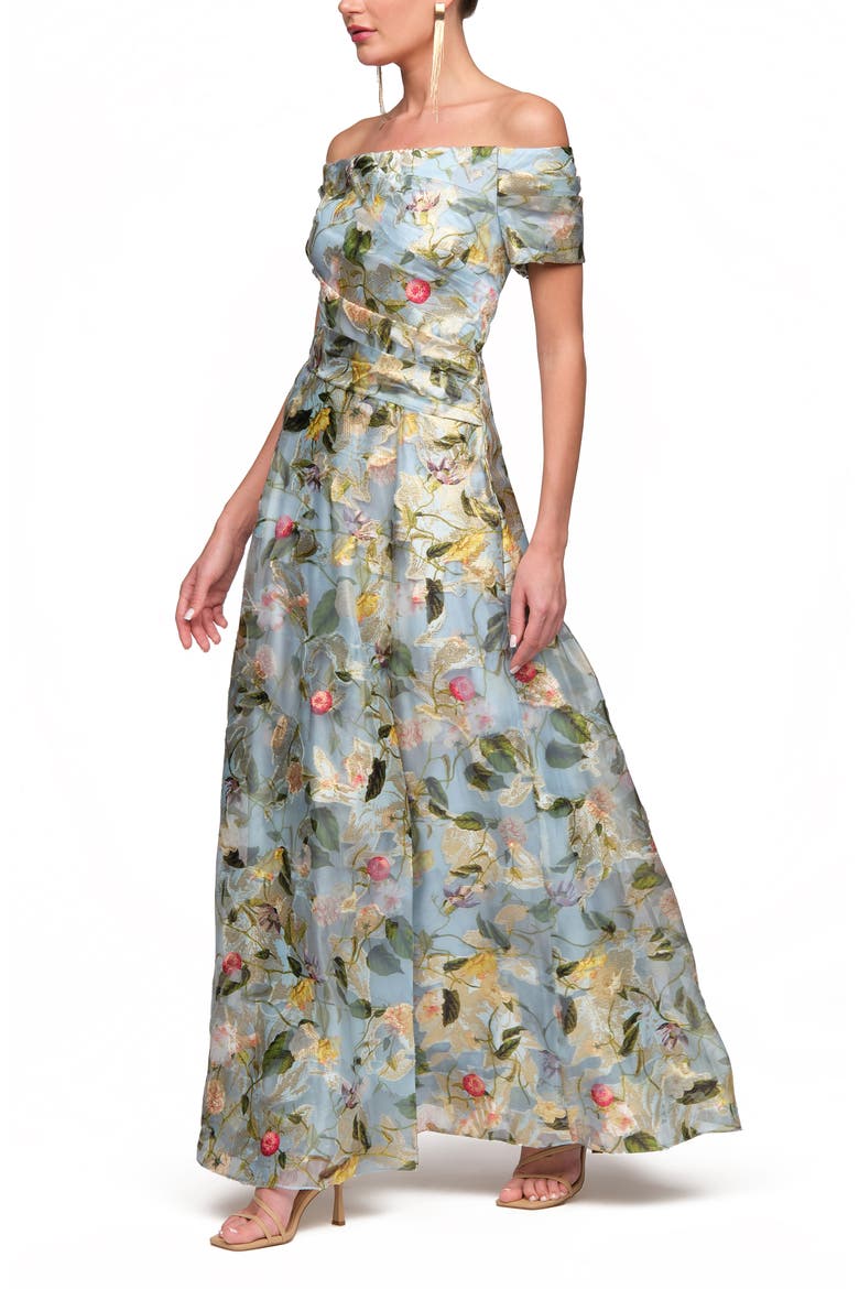 Carissa Metallic Embroidered Off the Shoulder A-Line Gown, Alternate, color, AQUA GOLD