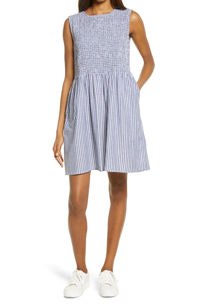Rhodes Stripe Smocked Bodice Cotton Poplin Dress, Main, color, TATUS STRIPE