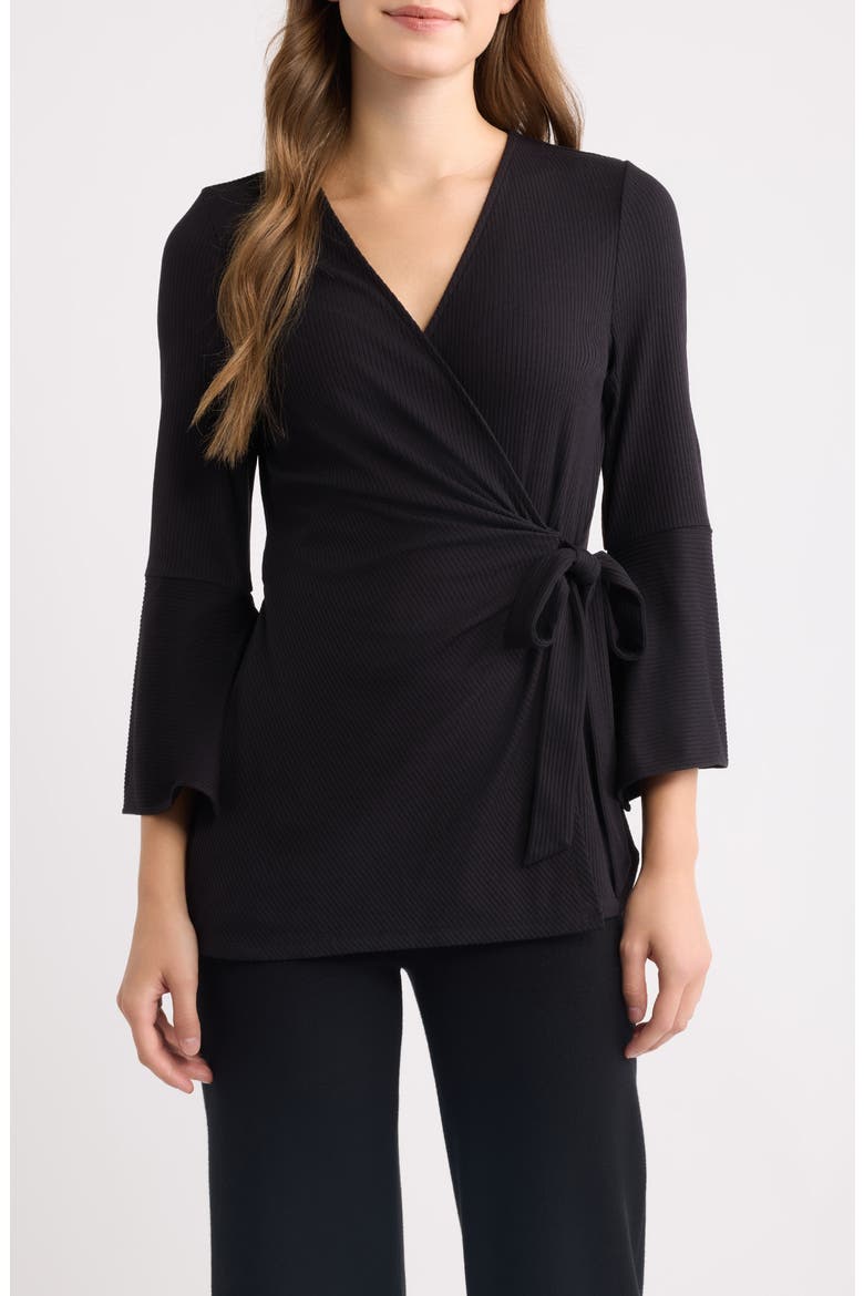 Ruffle Sleeve Ribbed Wrap Top, Main, color, ANNE BLACK