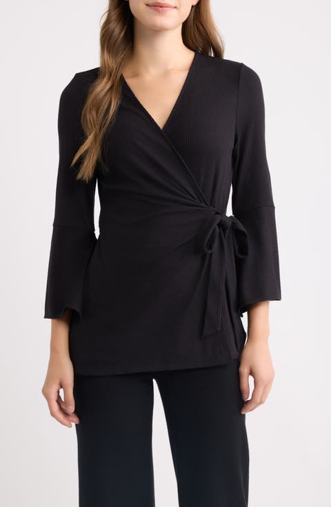 Ruffle Sleeve Ribbed Wrap Top