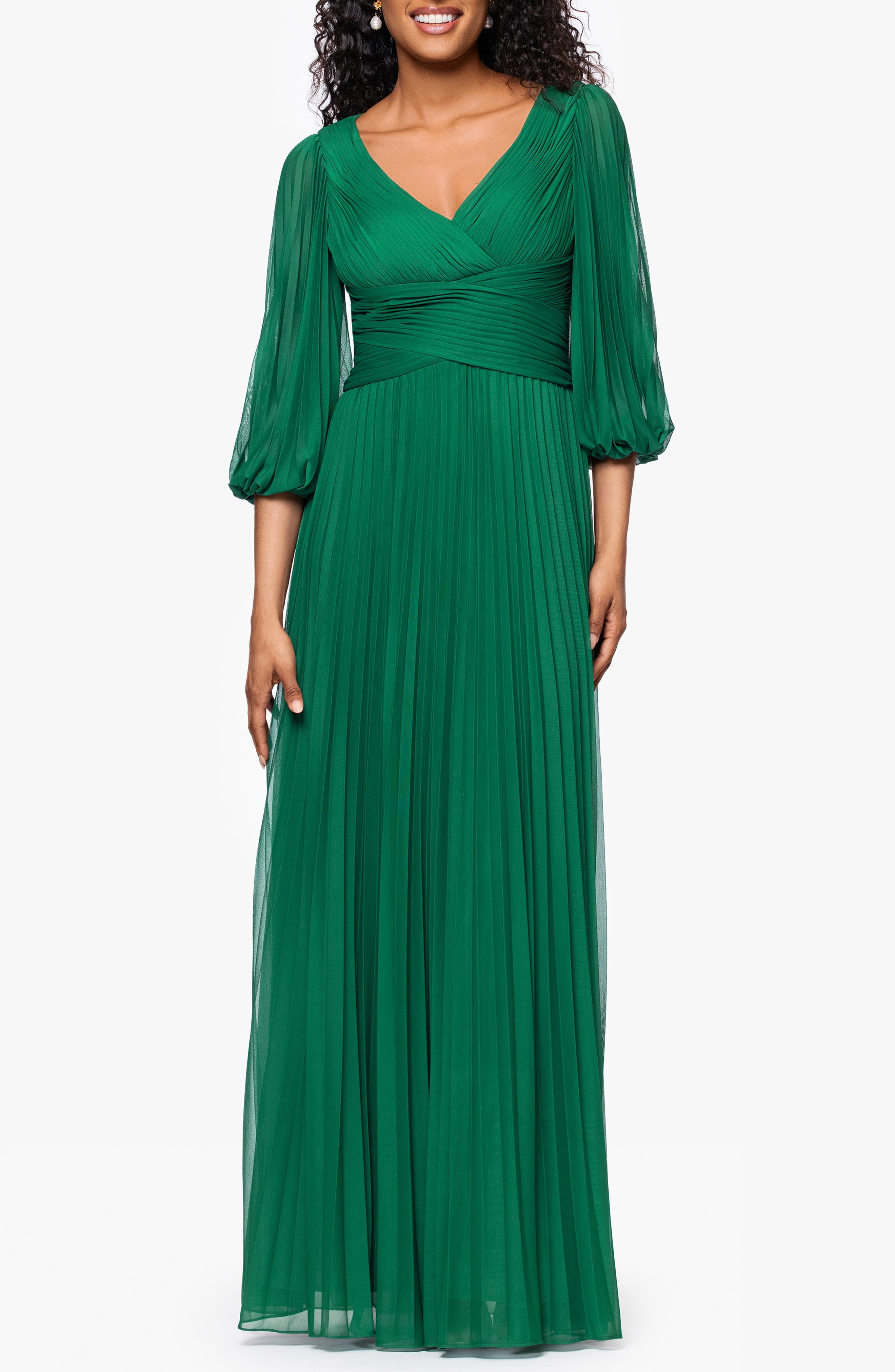 Betsy & Adam Pleated A-Line Dress in Green 