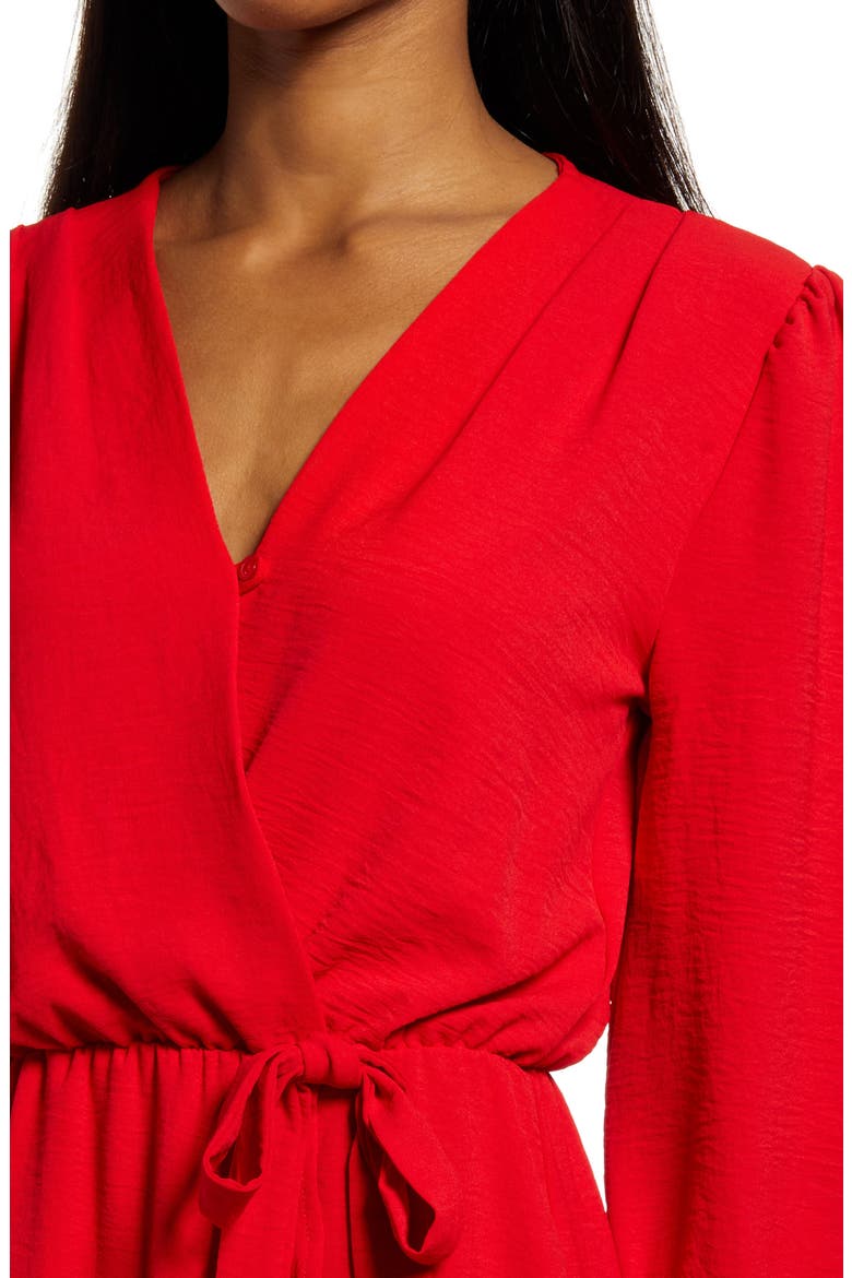 Faux Wrap Ruffle Long Sleeve Dress, Alternate, color, RED