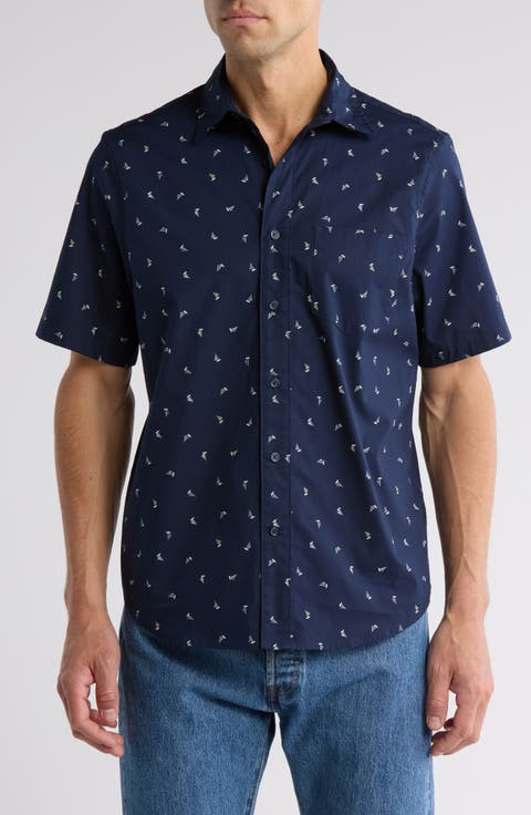 Sailboat Print Short Sleeve Cotton Stretch Poplin Button-Up Shirt