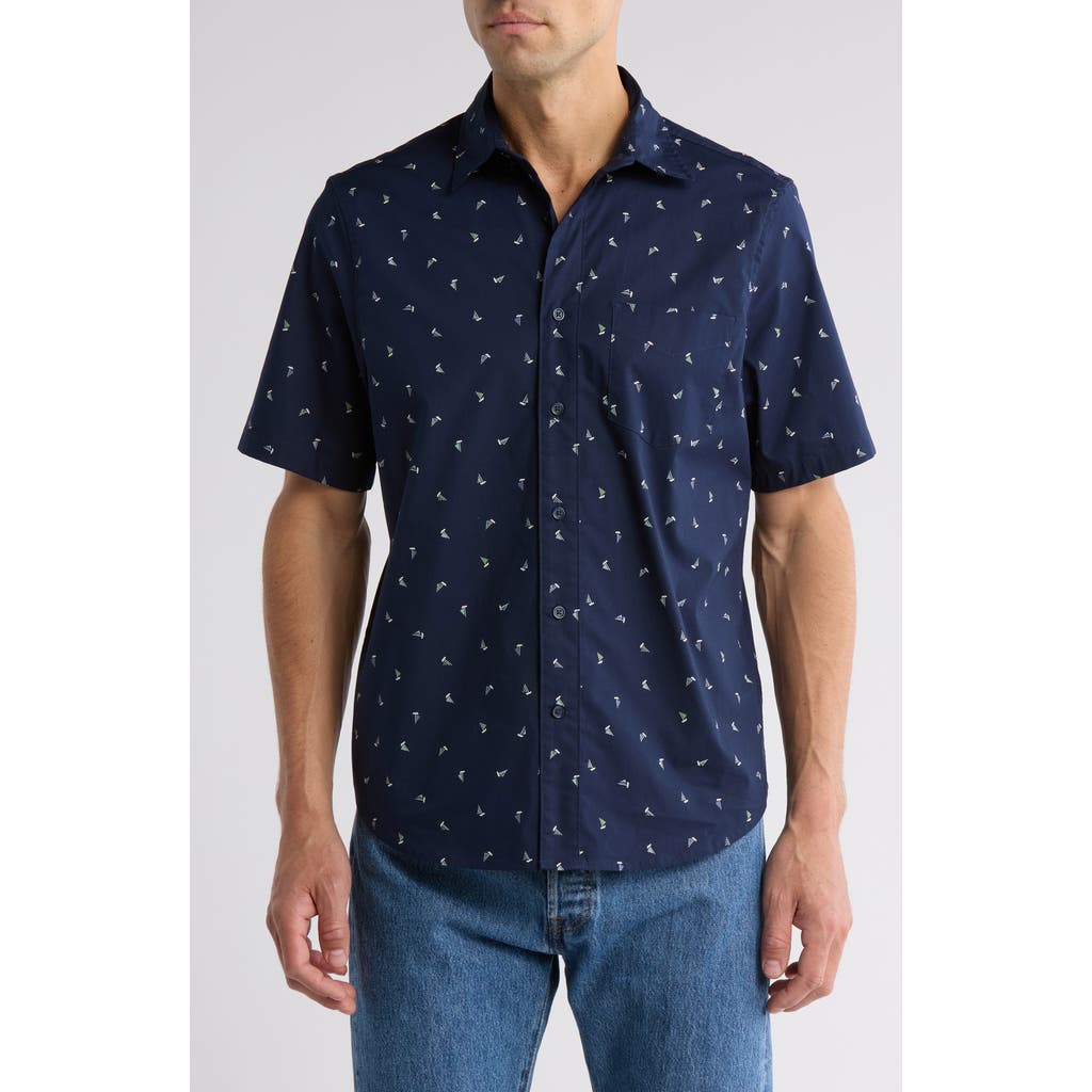 14th & Union Sailboat Print Short Sleeve Cotton Stretch Poplin Button-up Shirt In Blue