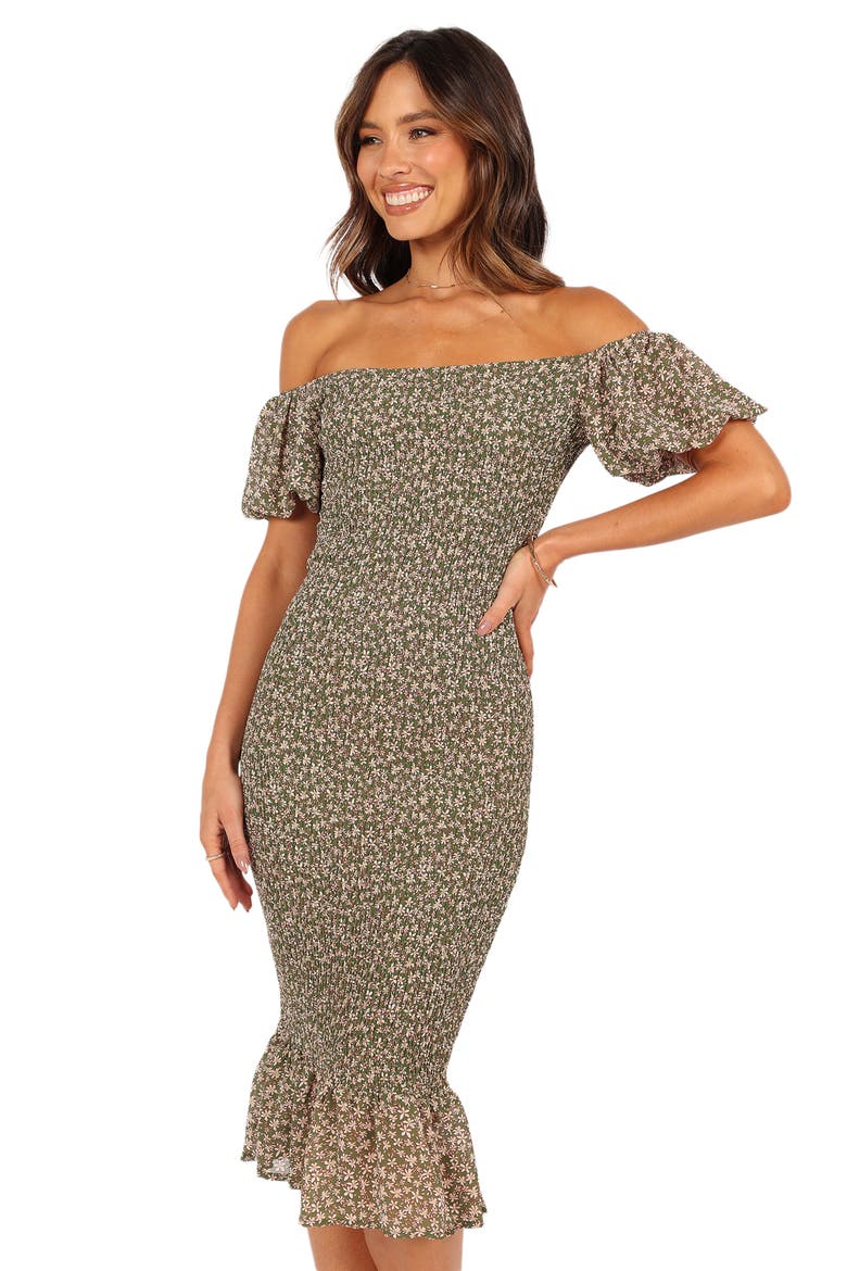 Claire Smocked Off the Shoulder Dress, Alternate, color, GREEN FLORAL