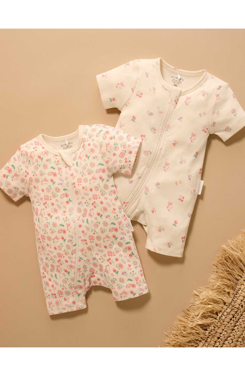 Purebaby 2 Pack Short Sleeve Zip Romper Floral, Alternate, color, Emilia Print