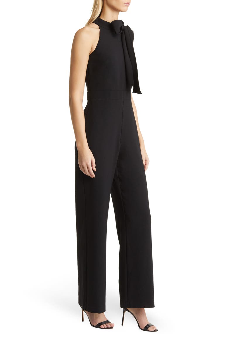 Bow Neck Stretch Crepe Jumpsuit, Alternate, color, BLACK