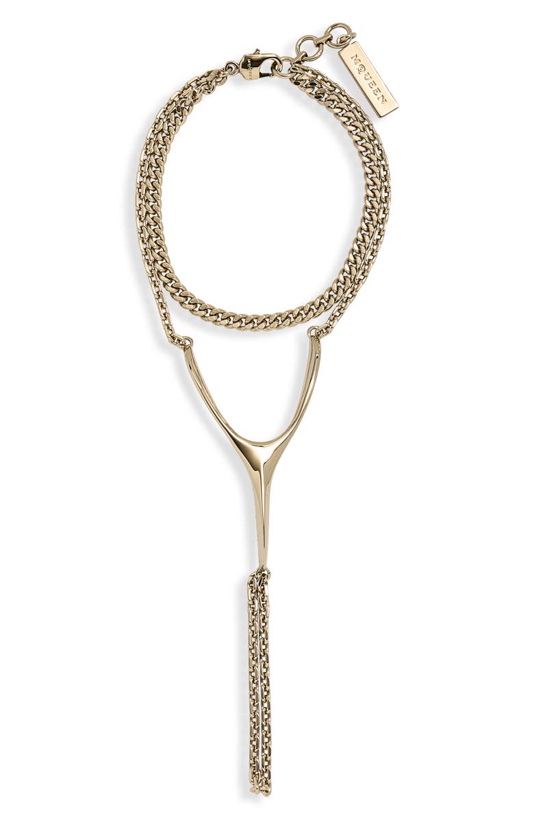 McQueen Wishbone Hand Chain Bracelet, Main, color, Pale Gold