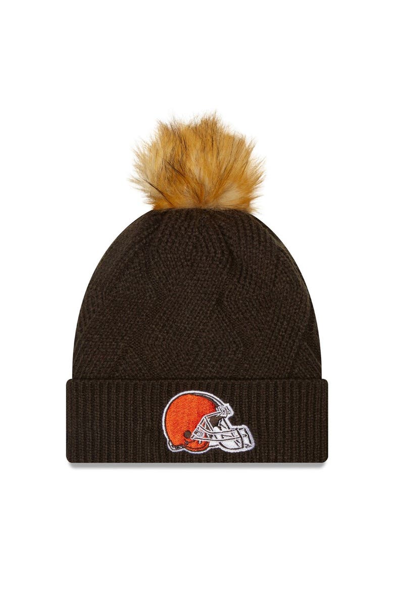 Women's New Era Brown Cleveland Browns Snowy Cuffed Knit Hat with Pom, Main, color, Brown