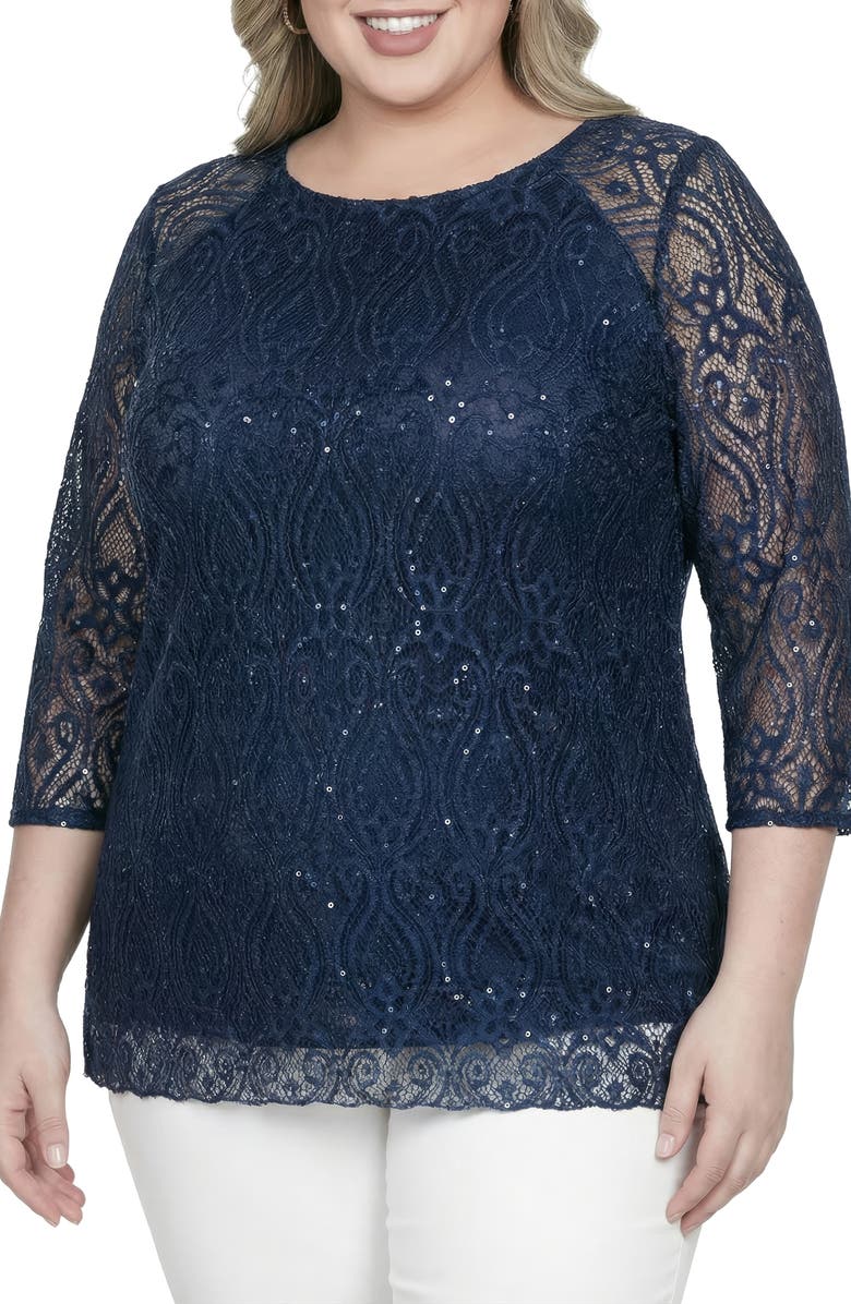 Standards & Practices Sequin Lace Tunic Top, Main, color, Navy