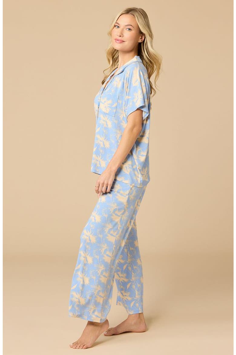 Soft Sleep Caftan Top and Cropped Pant Pajama Set, Alternate, color, Sky Blue Floral