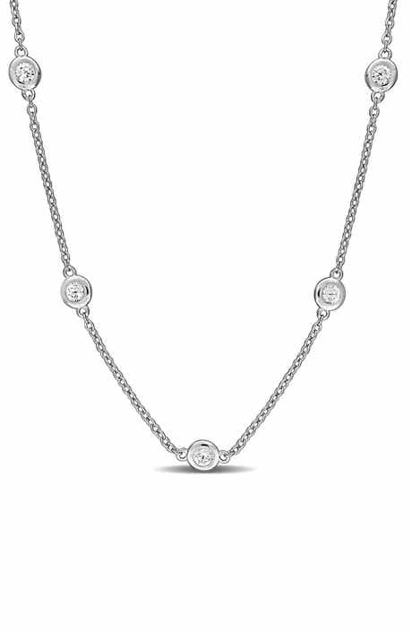 DELMAR Sterling Silver Lab Grown White Sapphire Station Chain Necklace