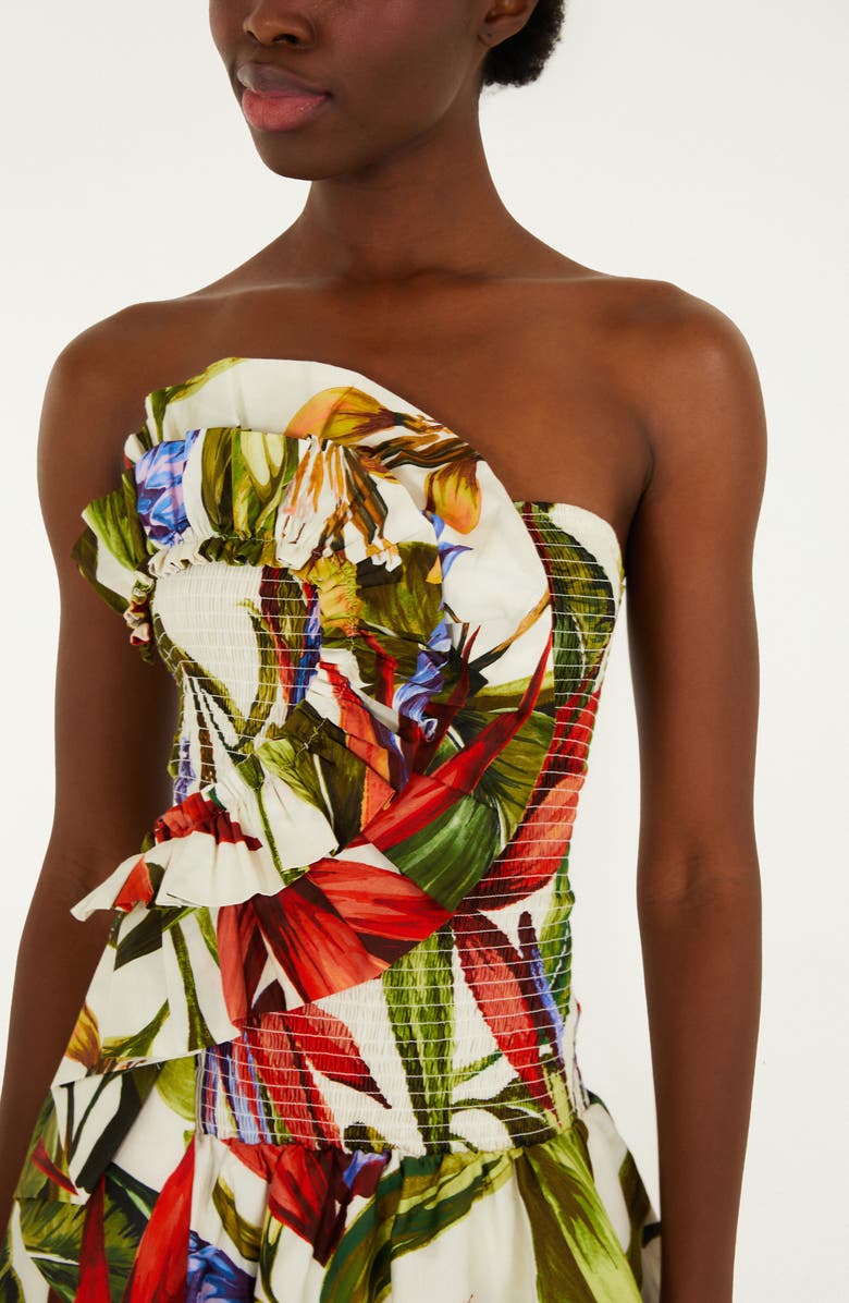 FARM Rio Florart Strapless High Low Cotton Dress, Alternate, color, Sand