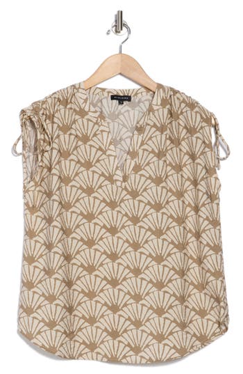 Pleione Crinkle Tie Shoulder Top In Taupe Seashell