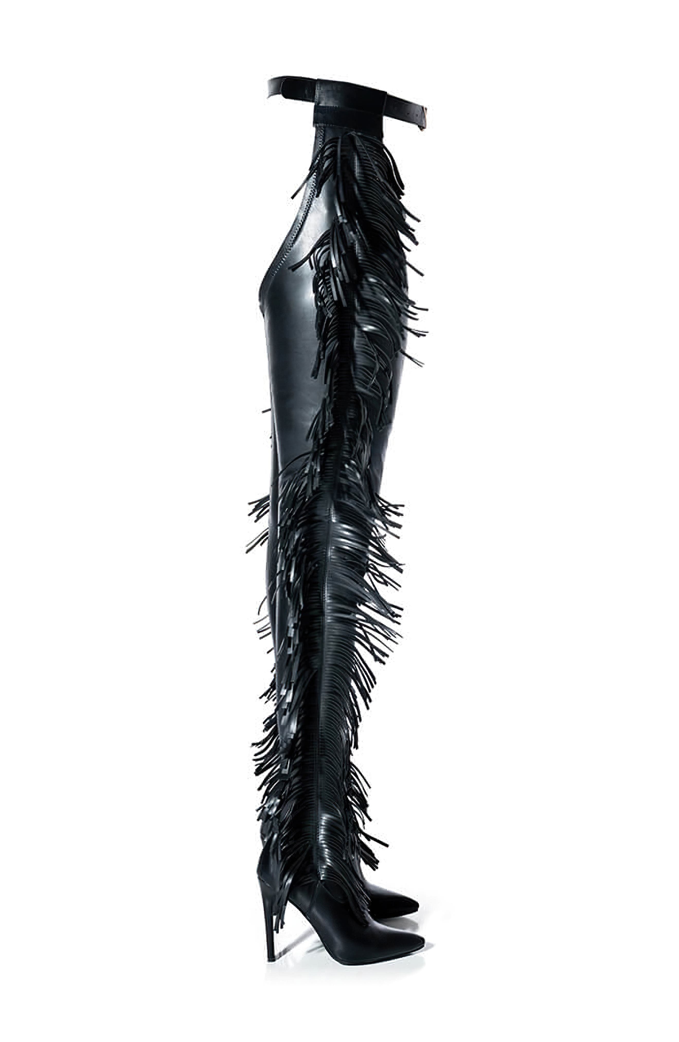AZALEA WANG Patrice Fringe Belted Thigh High Boot, Main, color, 